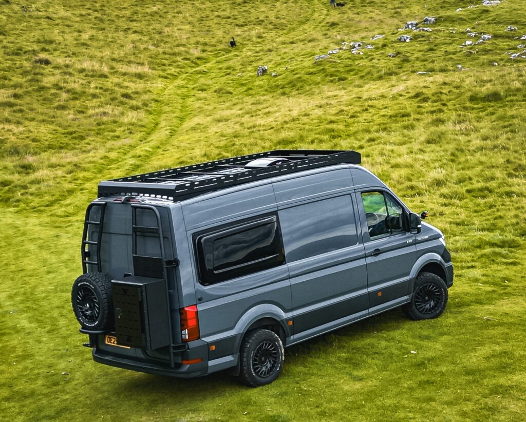 MAN TGE camper conversion with roof rack and rear spare wheel carrier