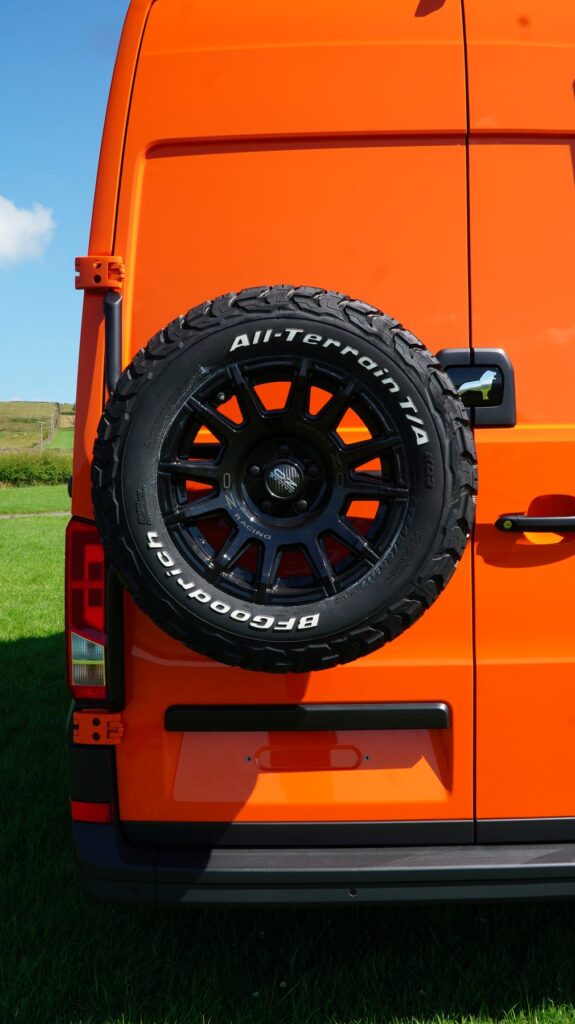 Rear mounted spare wheel carrier conversion on a MAN TGE