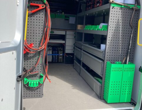 Mobile workshop van conversion with racking and power supply