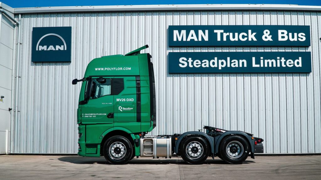 Side view of a green MAN TGX 6x2 tractor unit supplied by Steadplan fleet sales