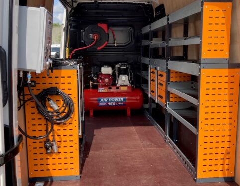 Van racking with onboard compressor and shelving