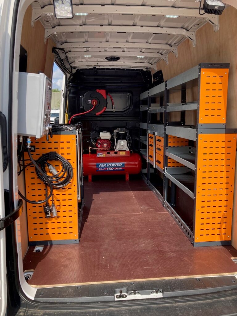 Van racking with onboard compressor and shelving