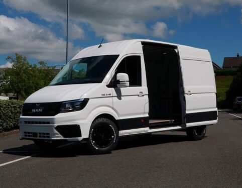White MAN TGE van with black alloy wheels fitted by Steadplan
